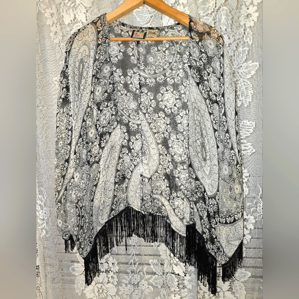 Take Two Clothing Co, Black And White Kimono With Fringe, Womens Small